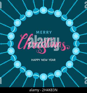 Weihnachtlich rosa Handschriftzug auf blauem Hintergrund mit Kugeln. Vektor-Grußkarte. Stock Vektor
