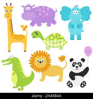 Set von niedlichen Cartoon Tiere. Giraffe, Krokodil, Elefant, Nilpferd, Panda, löwe, Schildkröte. Vektordarstellung auf weißem Hintergrund isoliert. Stock Vektor