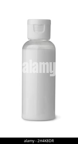 Vorderansicht einer kleinen leeren Shampoo-Flasche aus Kunststoff, isoliert auf Weiß Stockfoto