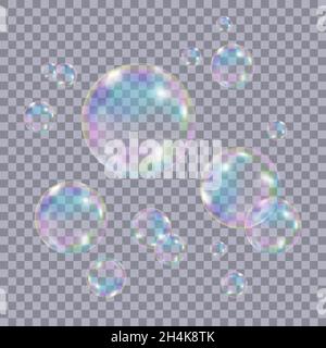 Set von realistischen transparenten bunten Seifenblasen mit Regenbogenreflektion isoliert auf kariertem Hintergrund. Vektorstruktur. Stock Vektor