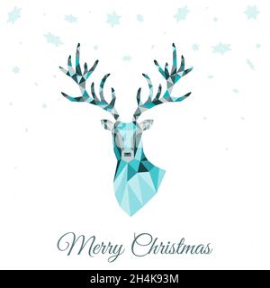 Abstrakter Hirschkopf mit niedrigem Poly-Dreieck. Weihnachtskarte mit blauem Rentier auf weißem Hintergrund. Vektor-Illustration im Origami-Stil. Stock Vektor