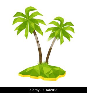 Tropische Insel mit zwei Polygonpalmen, Konzeptplakat für Urlaub und Urlaub. Vektorgrafik „Sommerparadies“. Stock Vektor