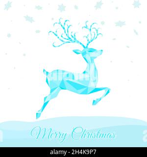Niedrige Poly Dreieck springen Hirsch . Weihnachtskarte mit blauem Rentier auf weißem Hintergrund. Vektor-Illustration im Origami-Stil. Stock Vektor