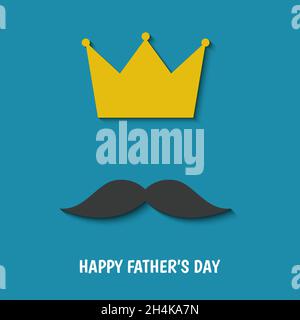Glückwunschkarte zum Vatertag mit Schnurrbart und Krone auf blauem Hintergrund. Vektor-Vorlage mit flachem Stil. Stock Vektor