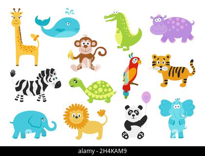 Set von niedlichen Cartoon-Tiere für Babyartikel. Giraffe, Krokodil, Elefant, Nilpferd, Panda, löwe, Schildkröte; Tiger; Zebra; Papagei; Wal; Affe. Komisch ic Stock Vektor