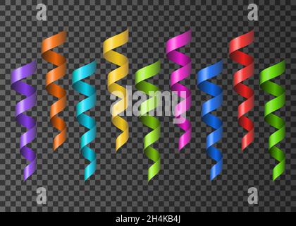 Set von realistischen bunten Bändern Serpentin. Lila, orange, blau, gelb, grün, Pinke, rote Deko-Luftschlangen. Vector 3d Urlaubsdesign el Stock Vektor