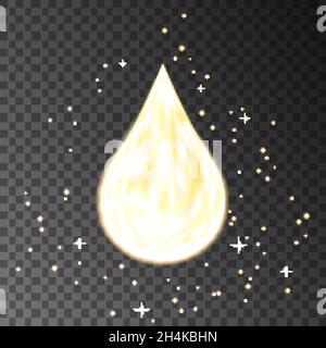 Goldener Neon-Öltropfen isoliert auf transparentem schwarzem Hintergrund mit Feuerflammen-Lichteffekten. Kollagen, Coenzym Q10-Serumlösung mit goldenen Tröpfchen. V Stock Vektor