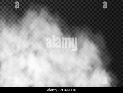 Weißer transparenter Nebel isoliert auf dunklem Hintergrund. Spezialeffekt „Nebel“. Realistische Vektor Feuer Rauch oder Dampf Textur . Stock Vektor