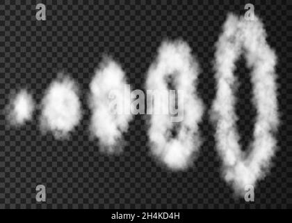 Weißer Rauchschwamm isoliert auf transparentem Hintergrund. Dampfringe von rauchenden Pfeifen. Realistische Vektor aufsteigende Kreise von Nebel oder Nebel Stock Vektor