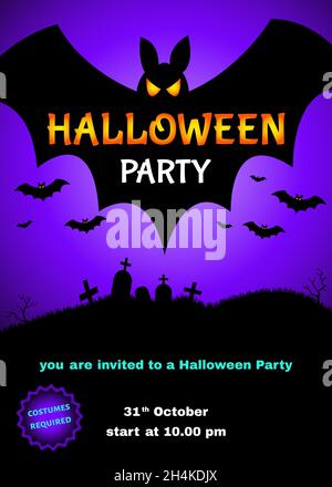 Halloween-Party-Poster. Lila Hintergrund mit Fledermäusen und Mond. Vektorvorlage für Karte, Flyer oder Einladung. Stock Vektor