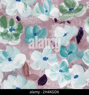 Nahtloses Blumenmuster mit abstrakten bunten Blumen, Acryl handbemalter Hintergrund. Kreative abstrakte handbemalte Hintergrund, Textur, backgroun Stockfoto