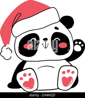 Panda trägt einen weihnachtshut winken Hallo. vektor-Illustration in flachem Stil isoliert auf weißem Hintergrund. Stock Vektor