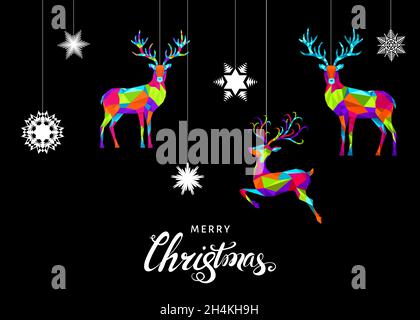 Grußkarte zu Weihnachten und zum guten neuen Jahr. Polygonale Weihnachtsrentiere, Schneeflocken und Schriftzüge. Helle bunte Baumdekoration auf schwarzem Hintergrund Stock Vektor