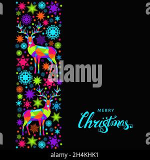 Weihnachtskarte. Polygonale Weihnachtsrentiere, Schneeflocken und Schriftzüge. Helle bunte Baumdekoration auf schwarzem Hintergrund.Vektor-Vorlage. Stock Vektor