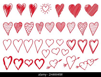 Setzen Sie Doodle handgezeichnete rote Herzen isoliert auf weißem Hintergrund. Vektor-Design-Elemente für Valentinstag und Hochzeitskarte. Stock Vektor