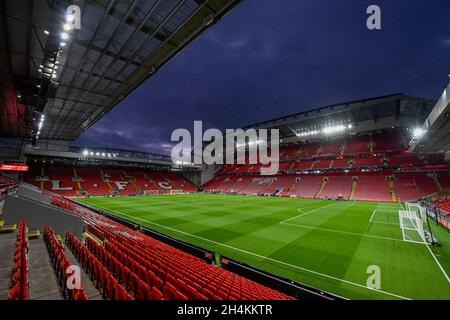 Ein Blick auf Anfield, die Heimat von Liverpool vor ihrem Champions-League-Spiel gegen Atletico Madrid Stockfoto