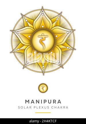 Chakra-Symbole, Solar Plexus Chakra - MANIPURA - Stärke, Persönlichkeit, Macht, Entschlossenheit - 'Ich TUE' Stockfoto