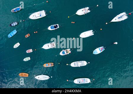 Luftaufnahme von oben nach unten von Yachten und Booten, die an einem Yachthafen festgemacht sind. Hochwertige Fotos. Stockfoto
