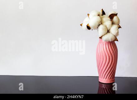 Dekorative Baumwollköpfe stehen in einer rosa Vase auf weißem und schwarzem Hintergrund Stockfoto