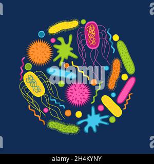 Bunte Symbole für Keime und Bakterien werden isoliert auf blauem Hintergrund gesetzt. Form der Bakterienzelle: cocci, Bazillen, Spirilla. Vektorgrafik. Stock Vektor