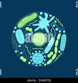 Symbole für Viren und Bakterien werden isoliert auf blauen Hintergrund gesetzt. Form der Bakterienzelle: cocci, Bazillen, Spirilla. Vektorgrafik. Stock Vektor