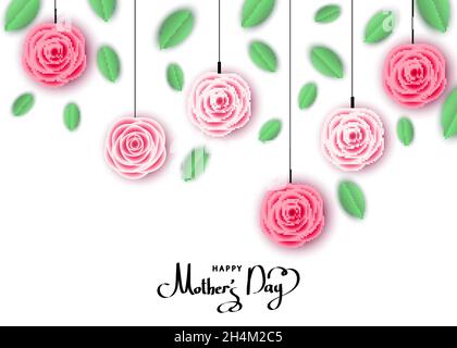 Glückwunschkarte zum Muttertag mit hängenden rosa Rosen, Schriftzug. Blumen für Banner, Poster, Gutschein-Rabatt, Verkauf Werbevorlage. Stock Vektor