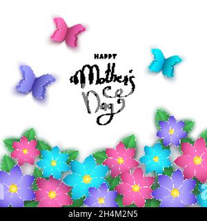 Happy Mother's Day Bannervorlage mit papiergeschnittenen Blumen, Schmetterlingen, Schriftzügen. Sommer- oder Frühjahrssaison floral bunten Hintergrund für die Begrüßung Stock Vektor