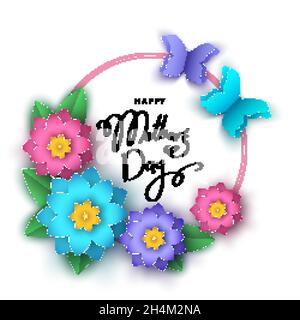 Happy Mother's Day Bannervorlage mit abstrakten, papiergeschnittenen Blumen, Schmetterlingen, Schriftzügen. Sommer oder Frühling Saison Blumen bunten Hintergrund für Stock Vektor