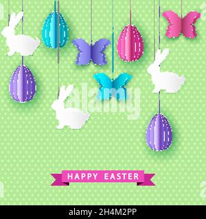 Frohe ostern Grußkarte mit papiergeschnittenen bunten Eiern, Schmetterling und Hase. Flache Vektorvorlage. Stock Vektor