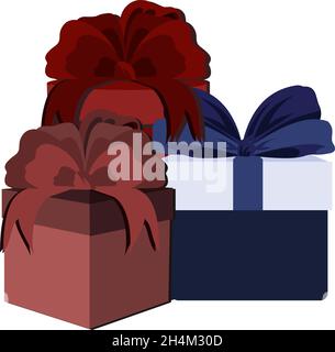 Eine Reihe von farbigen Geschenkboxen, dekoriert mit bunten Bändern rot, blau und rosa in Form von Schleifen. Stockfoto