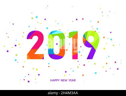 2019 Glückliche Neujahrskarte auf weißem Hintergrund mit bunten Konfetti. Vektorvorlage. Stock Vektor