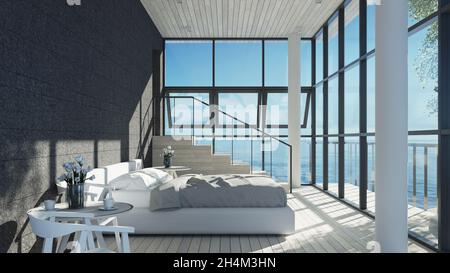 Das moderne Schlafzimmer Innenansicht Meer für Urlaub und Sommer - 3D-Rendering Stockfoto