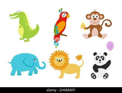 Set von niedlichen Cartoon-Tiere für Babyartikel. Krokodil, Elefant, Panda, Löwe, Papagei; Affe. Lustige Symbole. Comics Vektor-Illustration isoliert auf w Stock Vektor