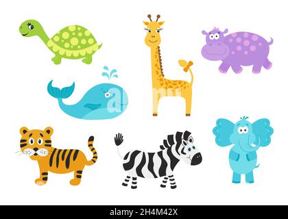 Set von niedlichen Cartoon-Tiere für Babyartikel. Giraffe, Elefant, Nilpferd, Schildkröte; Tiger; zebra; Wal im flachen Stil. Lustige Symbole. Vektorgrafik i Stock Vektor