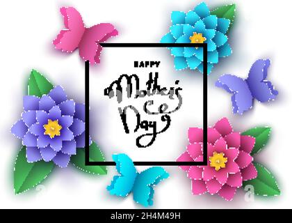 Happy Mother's Day Bannervorlage mit abstrakten Papierblumen, Schmetterlingen, Schriftzügen. Sommer- oder Frühjahrssaison florale bunte Hintergrund für gre Stock Vektor