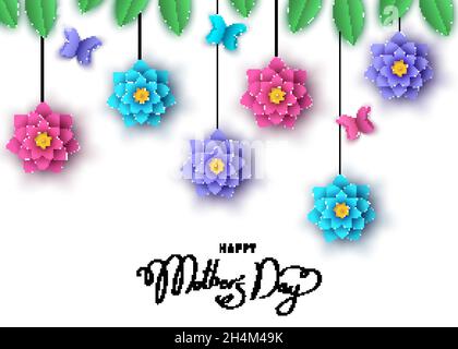 Happy Mother's Day Banner mit aufgehängten, papiergeschnittenen Blumen, Schmetterlingen und Schriftzügen. Sommer- oder Frühjahrssaison florale bunte Hintergrund für gree Stock Vektor