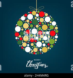 Stilisierte Weihnachtskugel mit hellen Feiertagsmuster aus bunten Kreisen. Weihnachtsbaumschmuck. Geometrische flache Vektorgrafik für Grußansage ca. Stock Vektor