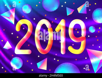 2019 Neujahr abstrakter geometrischer Hintergrund in trendiger ultravioletter Farbe mit 3d Pyramide, Kugel und Zahl. Moderne, violette, neonfarbene, wellige Kulisse. Futur Stock Vektor