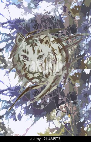 Der Tiger-Kopf spritzt auf einen grungigen Hintergrund für Textilien oder Drucke. Eine Skizze eines Tigerkopfes in Grautönen vor dem Hintergrund eines Waldes Stockfoto