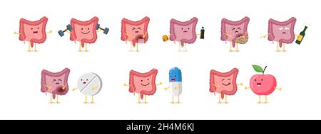 Lächelnd stark gesund und traurig krank ungesunden Darm niedlichen Charakter-Set. Medizinische menschliche anatomische Bauchhöhle Verdauungs-und Ausscheidung inneren Organ Icon Sammlung. Vektorgrafik eps Stock Vektor