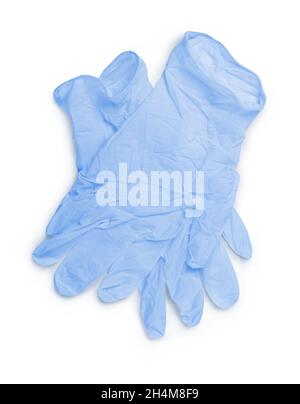 Zwei blaue medizinische Latexhandschuhe, Nahaufnahme isoliert auf weißem Hintergrund Stockfoto