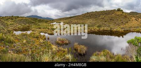 Wanderung zum Paramo de Guacheneque, dem Geburtsort des Flusses Bogota. Die Lagune von Guacheneque. In Villapinzón, Cundinamarca, Kolumbien. Stockfoto