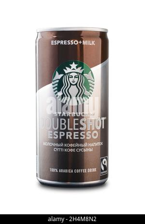 Russland Moskau - 27. Mai 2020: Eine Dose Starbucks doubleshot in Espresso- und Rahm-Geschmack auf einem isolierten auf weißem Hintergrund. Stockfoto