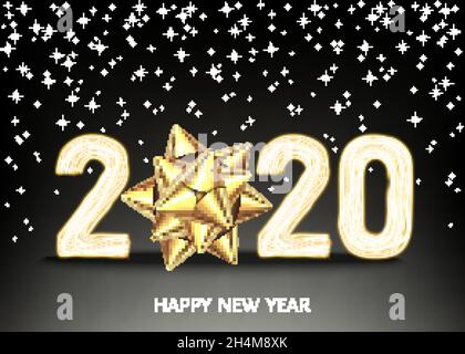 2020 Happy New Year schwarzer Hintergrund mit goldener Geschenkschleife und glitzernden Sternen. Weihnachtsdekoration mit leuchtender Neon-Zahl. Vector Winterurlaub Stock Vektor