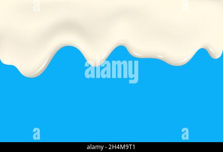 Milchspritzer. Joghurtstruktur. Tropfende Creme, Flüssigkeit, Eis. Fließende Glasur, weiße Schokolade. Tropf-Vektor-Hintergrund für Milchprodukte. Stock Vektor
