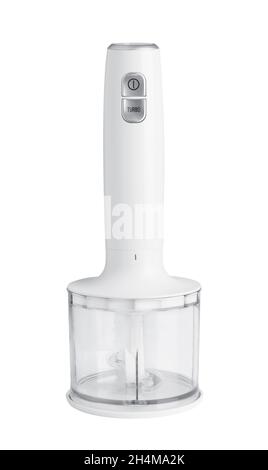 Elektrisches Hand Mixer und Geschirr isoliert auf weißem Hintergrund Stockfoto