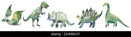 Aquarell Dinosaurier Silhouetten. Satz von Dinosauriern isoliert auf weißem Hintergrund. Illustration. Stockfoto