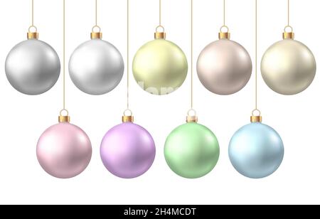 Realistisches Gold, Silber, Blau, Grün, Rosa, Lila Weihnachtskugeln isoliert auf weißem Hintergrund. Vektor Xmas Baumschmuck. Stock Vektor