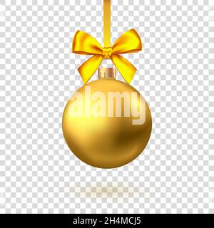 Realistische goldene Weihnachtskugel mit Schleife und Band isoliert auf weißem Hintergrund. Vektor Xmas Baumschmuck. Stock Vektor
