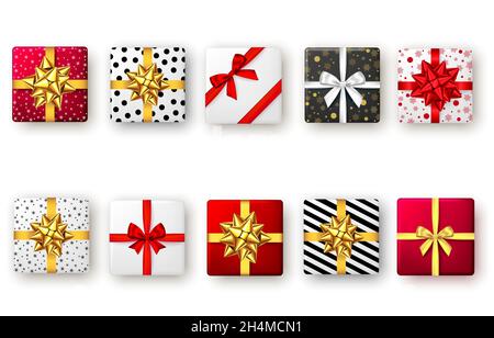 Geschenkbox in Rot, Gold, Weiß und Schwarz mit Band und Schleife, Draufsicht. Weihnachten, Silvester-Party, Happy Birthday oder Valentinstag-Paket-Design. Vorpresen Stock Vektor